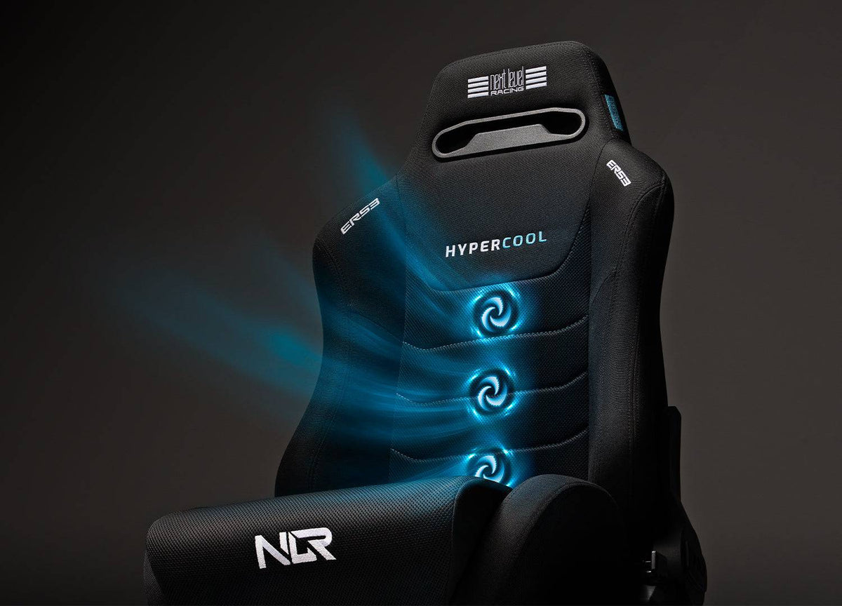 Next Level Racing ERS3 HYPERCOOL ventilated sim racing seat with ergonomic design and breathable fabric for immersive gaming comfort.