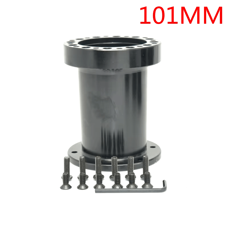 Apex Sim Racing black steering wheel hub extension attached to a racing wheel rim accessory, 101mm length for enhanced gaming control.