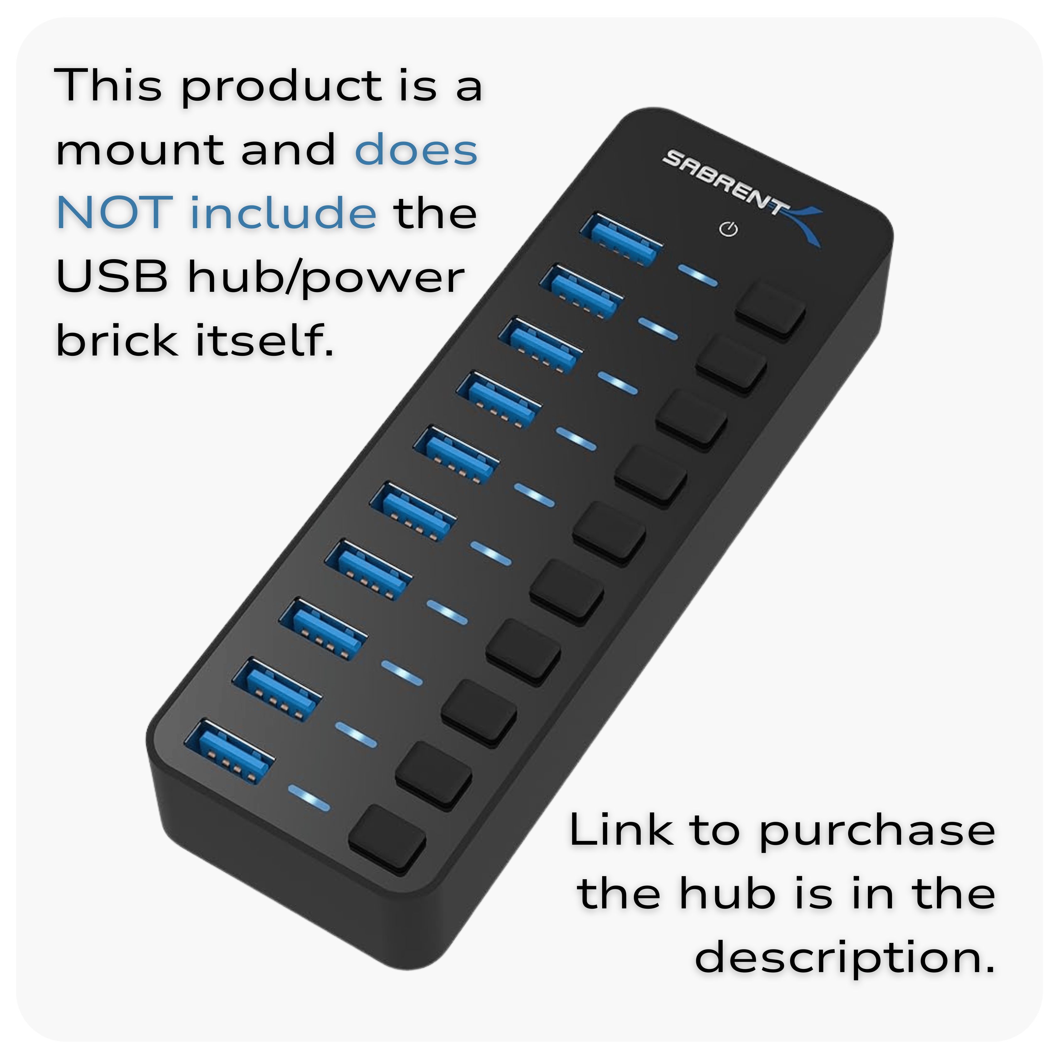 SimSportGadget Sabrent 10 USB hub mount with power brick holder, showing the mounting setup and connected USB devices