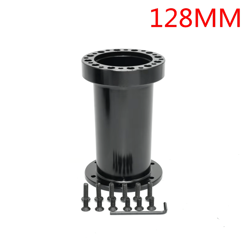 Apex Sim Racing black steering wheel hub extension for wheel rim accessories, 128mm length, designed for enhanced driving feel.