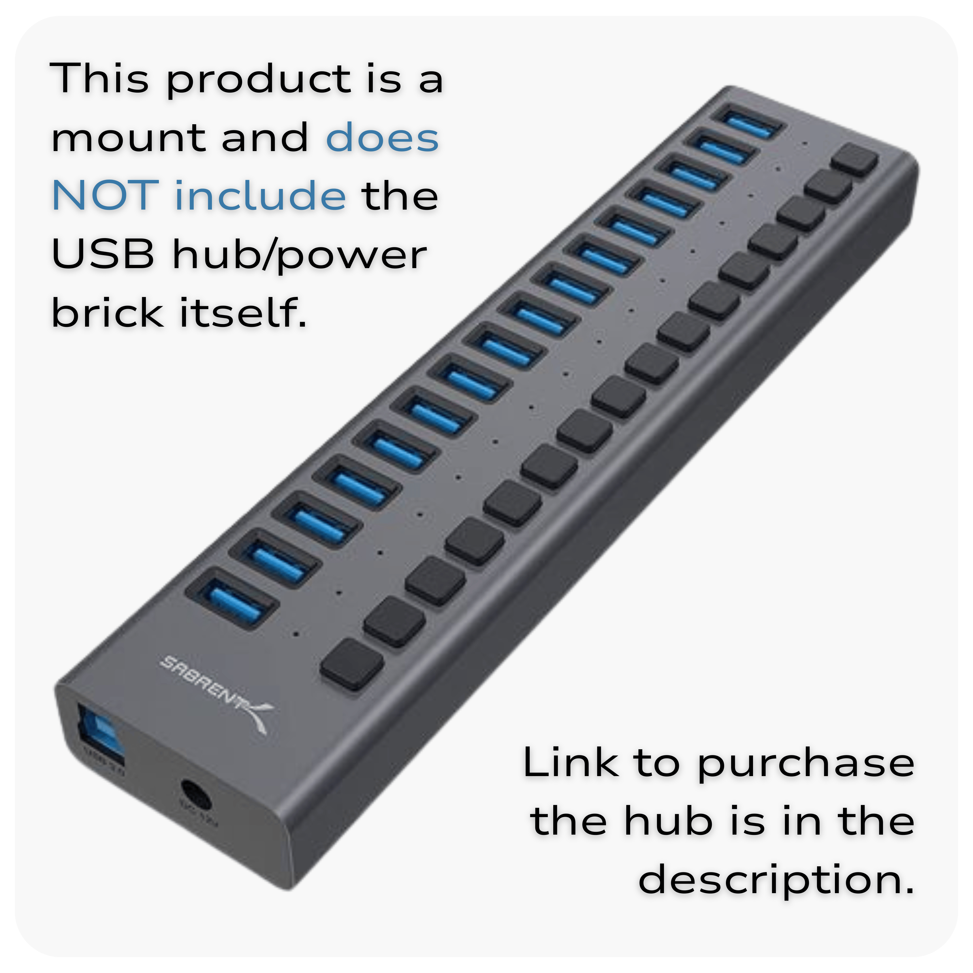 SimSportGadget 16-port USB hub mount with power brick holder, designed for organizing multiple USB devices easily.