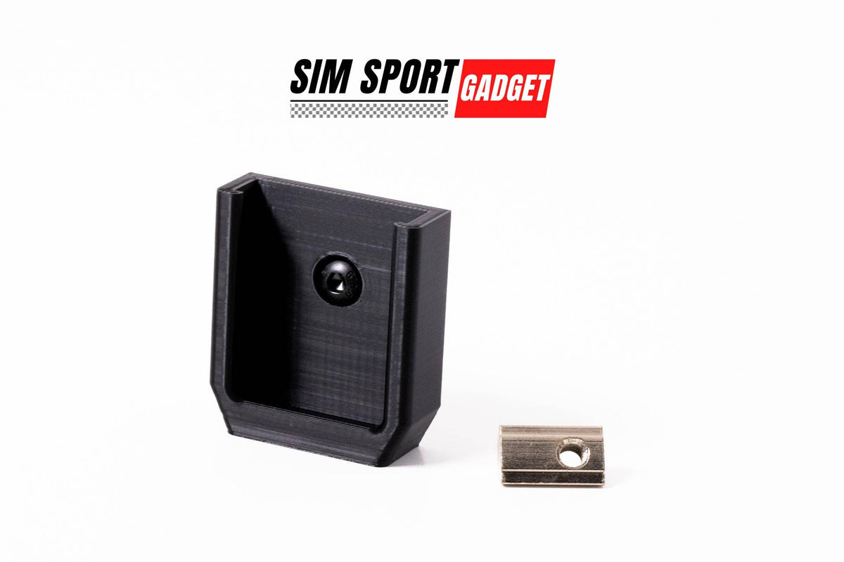 SimSportGadget Buttkicker wireless remote mount for sim racing and flight rig accessories, securely attached and adjustable.
