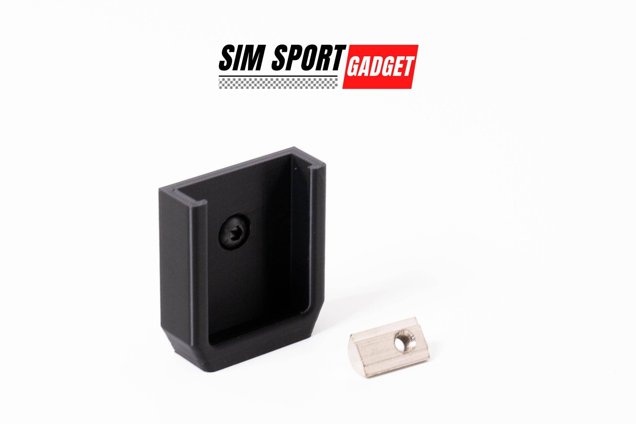 SimSportGadget Buttkicker wireless remote mount for sim racing and flight rig accessories, shown attached to rig setup.