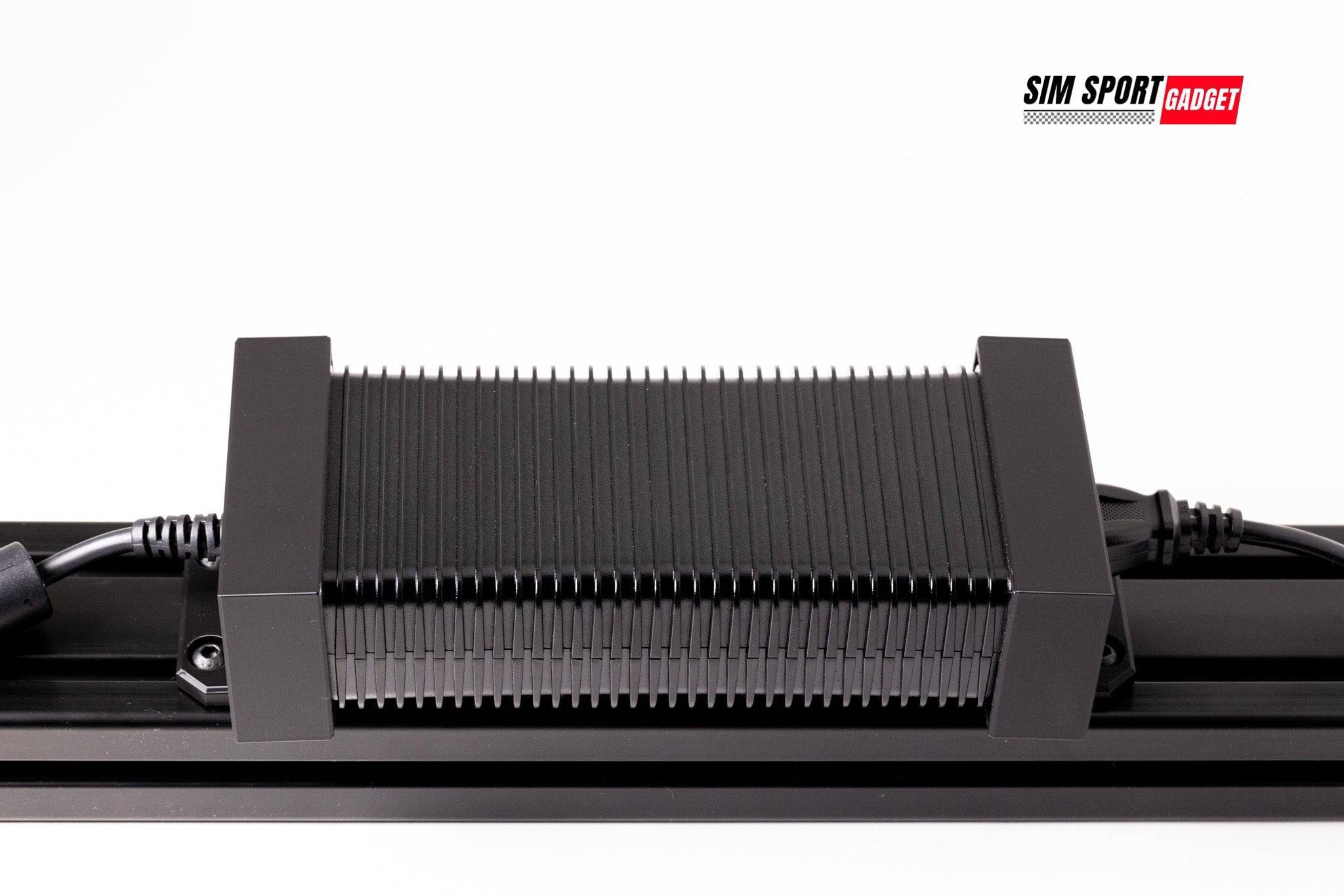 SimSportGadget Asetek Invicta wheelbase power brick bracket mounted on a wall for secure storage and organization.
