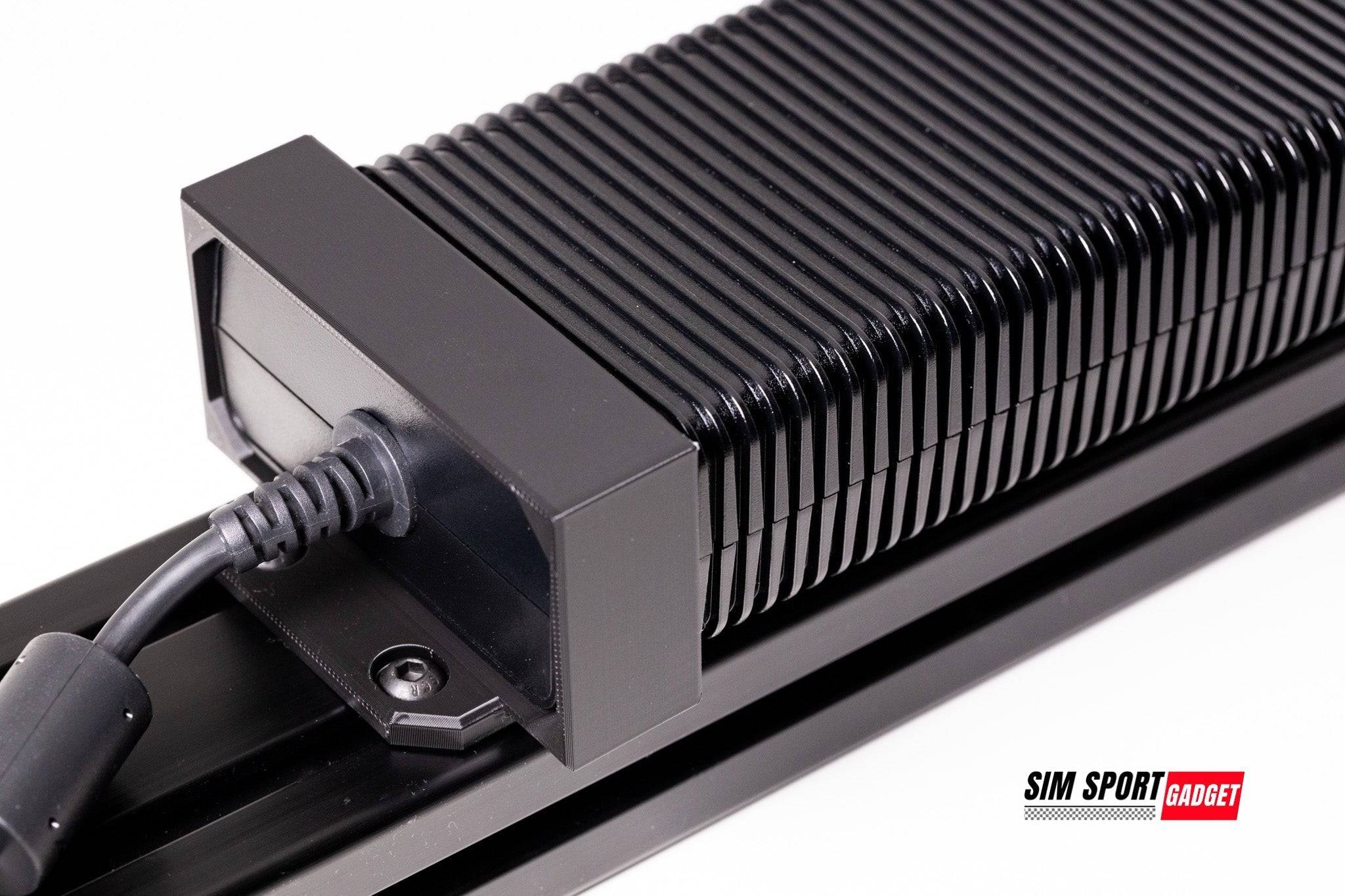Asetek Forte wheelbase power brick holder bracket by SimSportGadget, securely mounted for racing simulator setup.