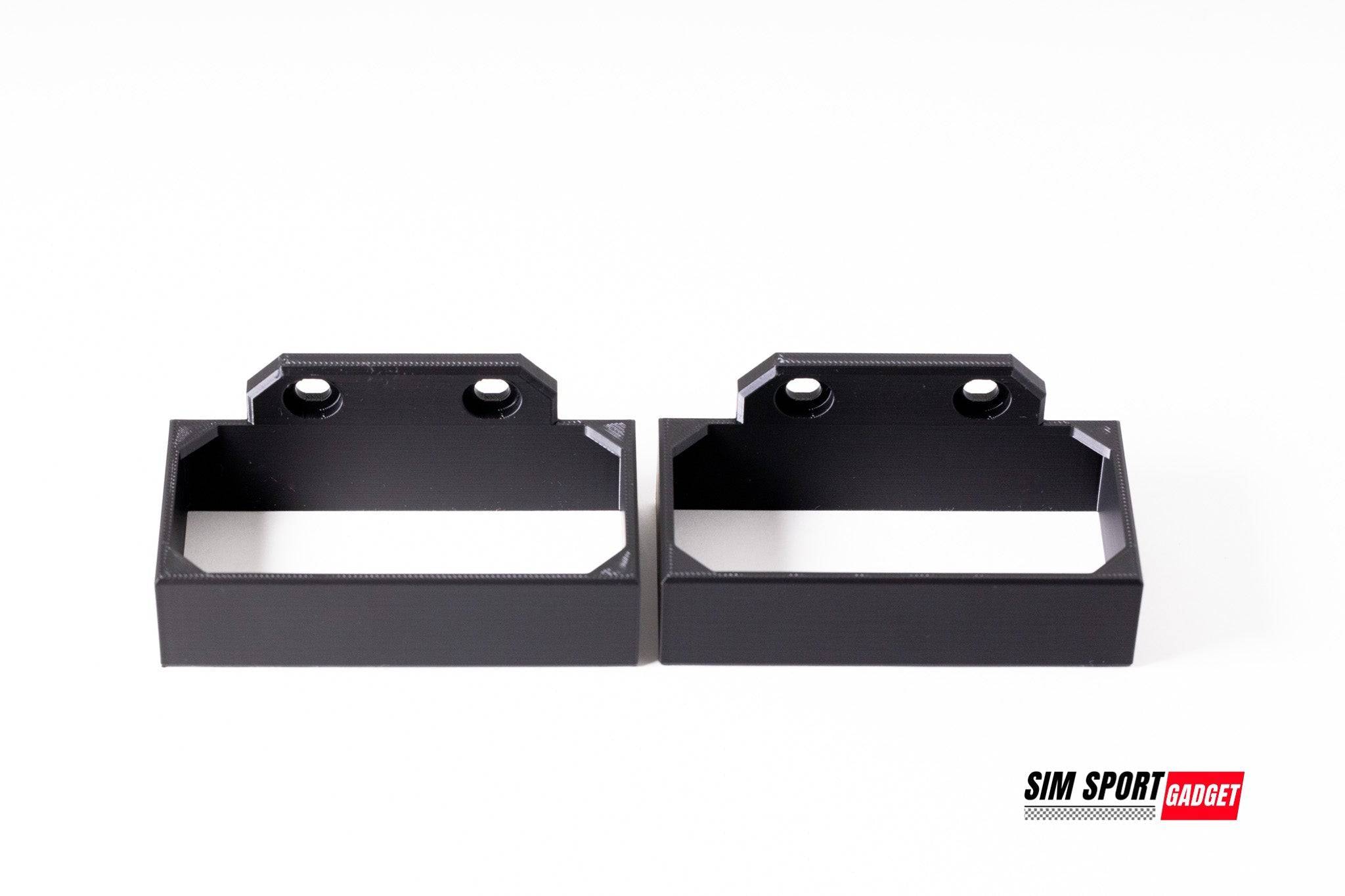 Asetek Forte wheelbase power brick holder bracket mounted on a racing simulator setup, designed by SimSportGadget.
