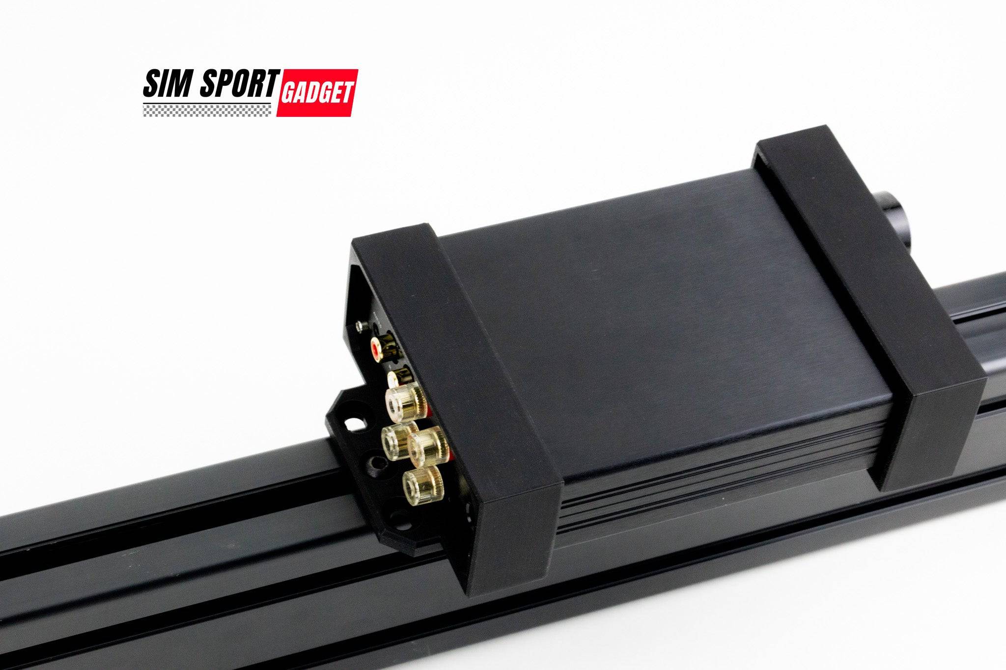 AIYIMA A07 amplifier bracket mounted on a sim racing aluminum rig, designed to securely hold power bricks and amplifiers.