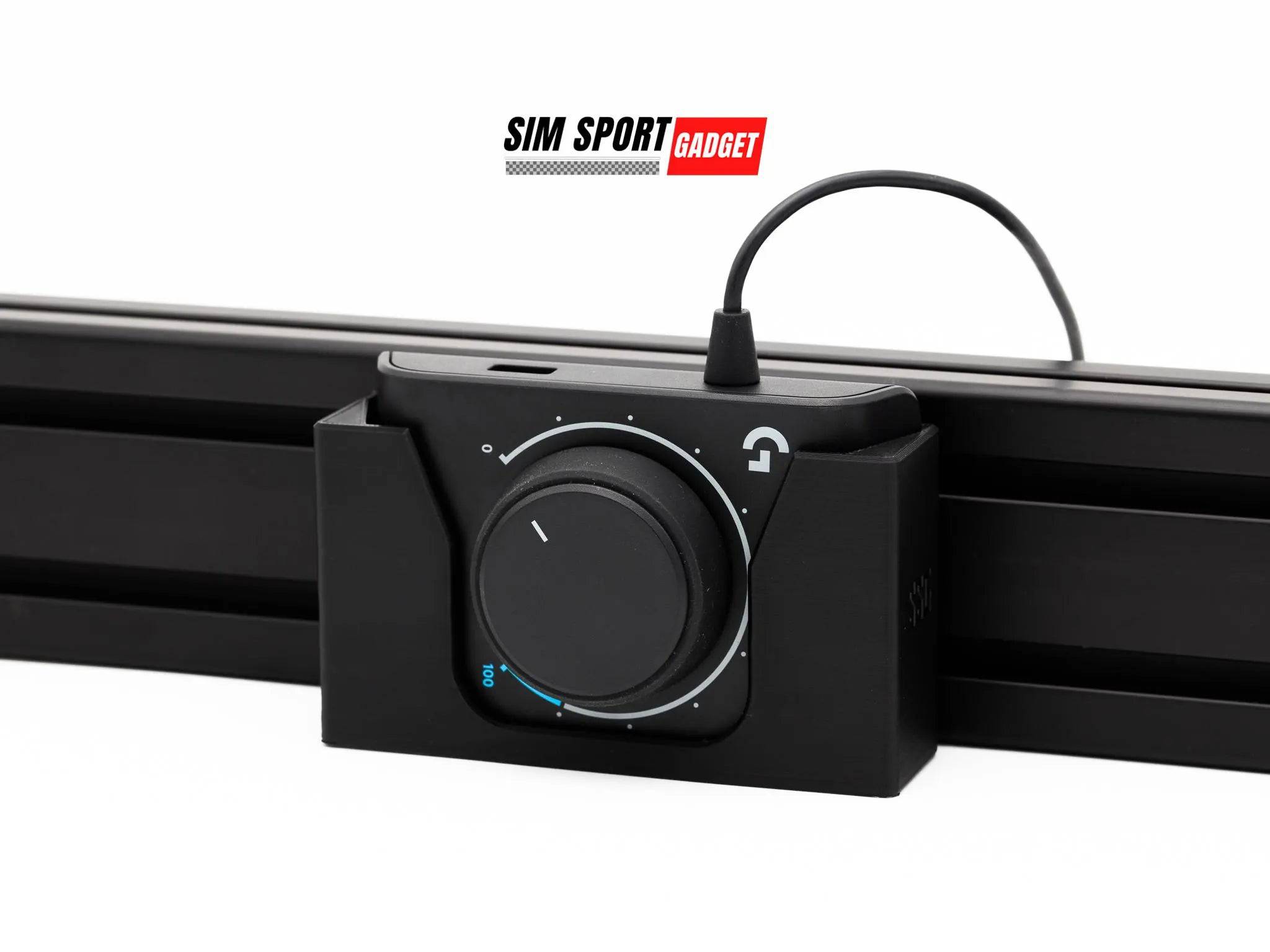 SimSportGadget Logitech G Racing Adapter Mount for sim racing and flight rig accessories, shown attached to a rig setup.