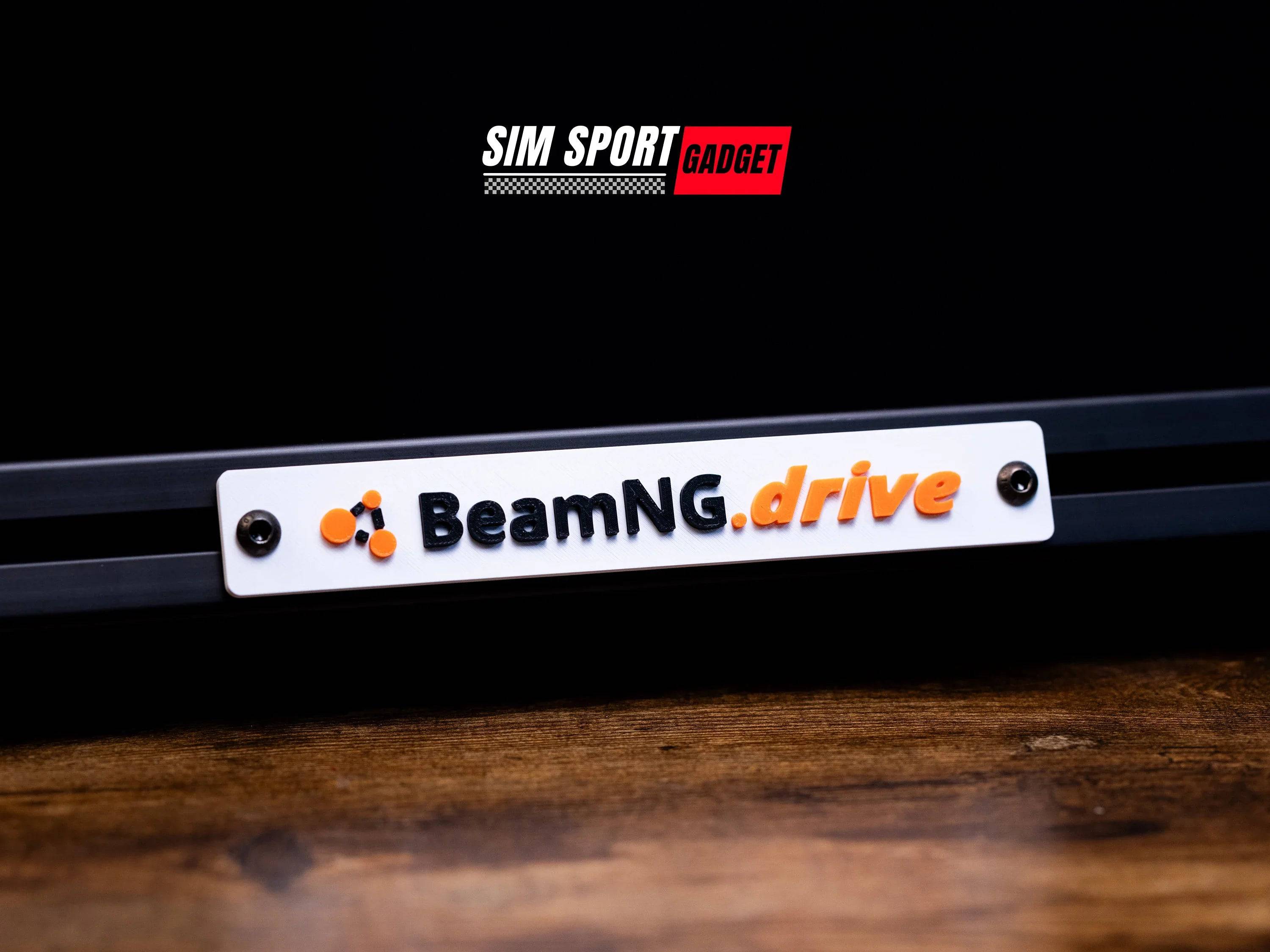 SimSportGadget BeamNG.Drive 3D logo art decor for sim racing, featuring a sleek, illuminated design with vibrant colors and detailed branding.