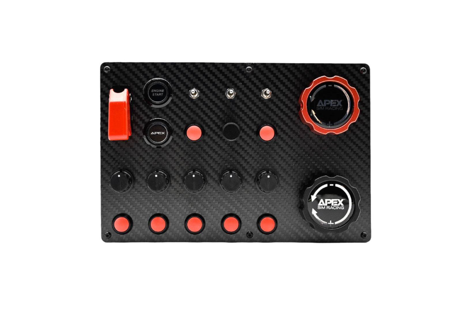 Apex Sim Racing Downforce Sim Racing Button Box with multiple buttons and switches for gaming control setup.