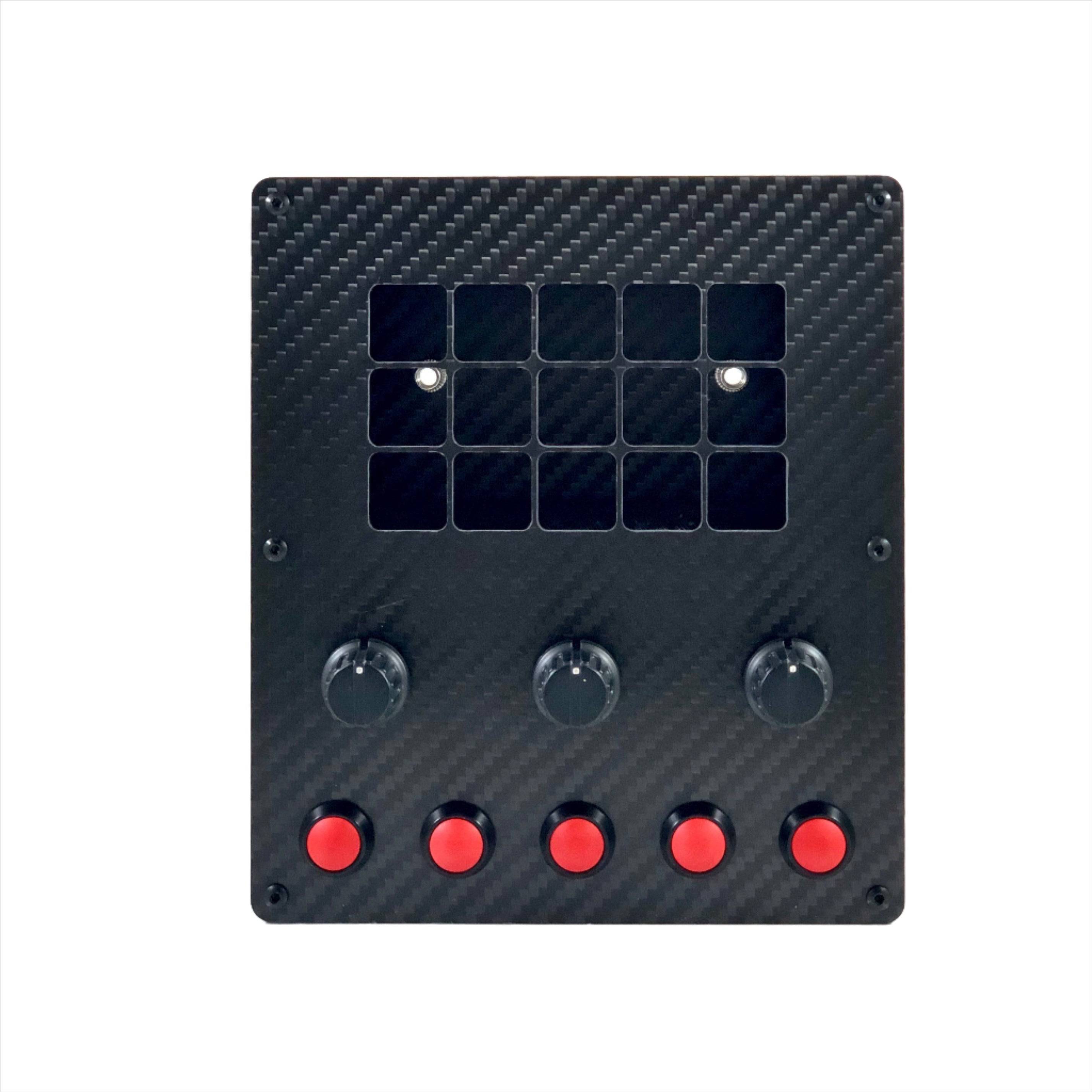 Apex Sim Racing Race Deck button box with multiple custom buttons and dials for racing simulation setups.