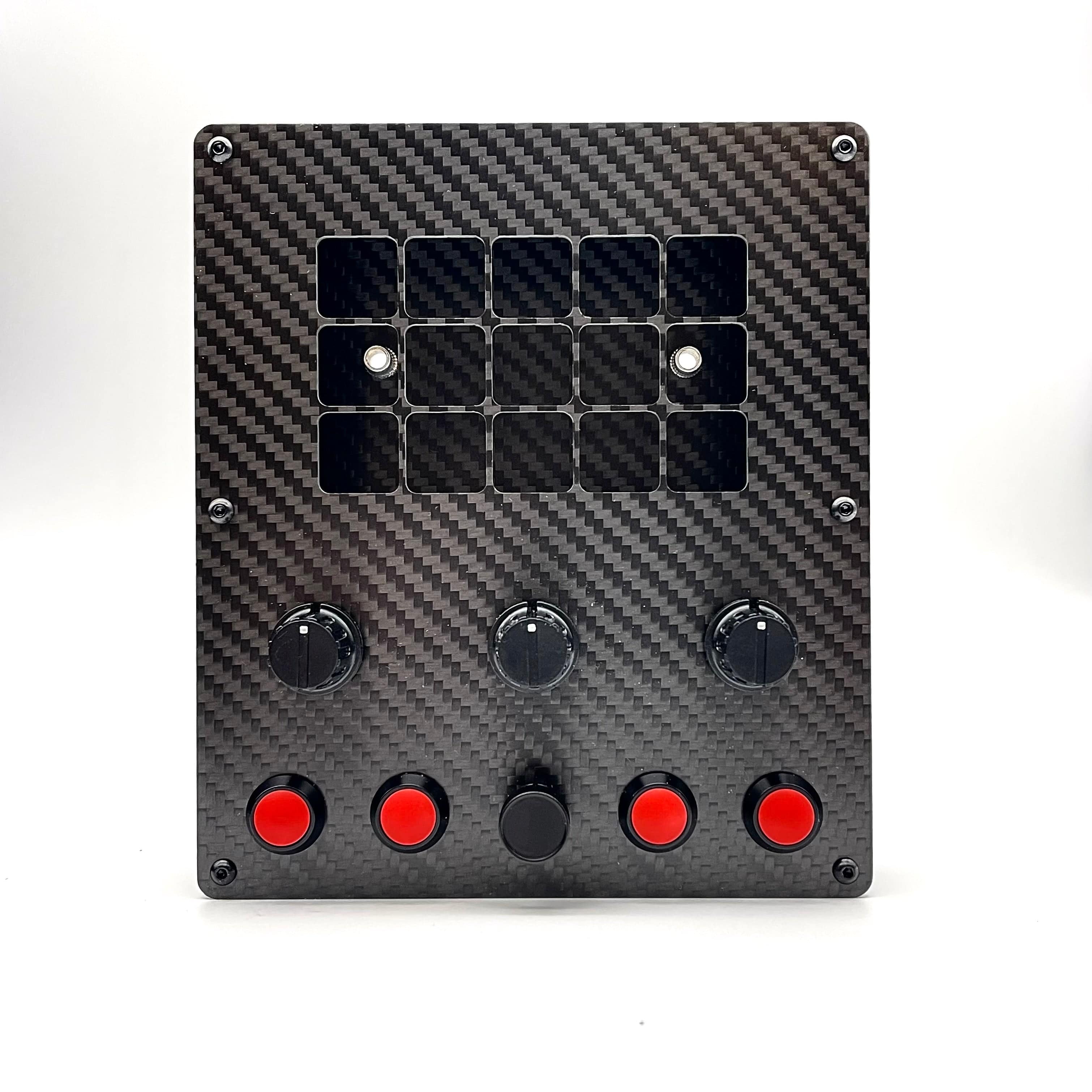Apex Sim Racing Race Deck button box with multiple programmable buttons and a sleek black design for racing simulations.