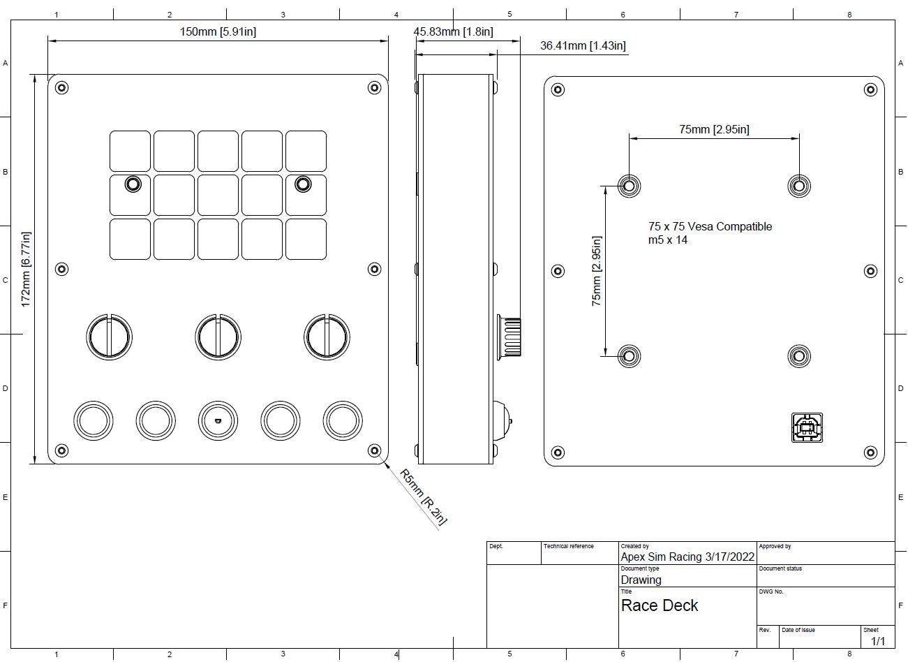 Apex Sim Racing Race Deck button box with multiple buttons and knobs for racing simulation setups.
