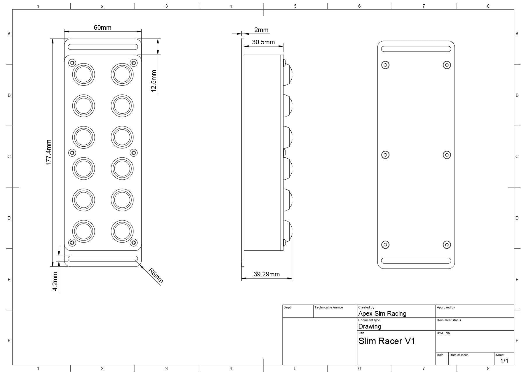 Apex Sim Racing Slim Racer Button Box with multiple buttons and controls for racing simulation setups.