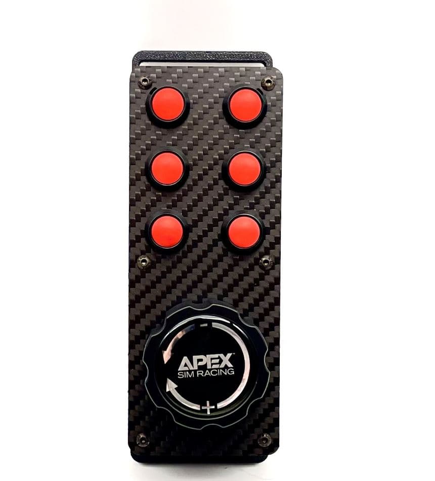 Apex Sim Racing Slim Racer Button Box with multiple buttons and switches for racing sim control setup.