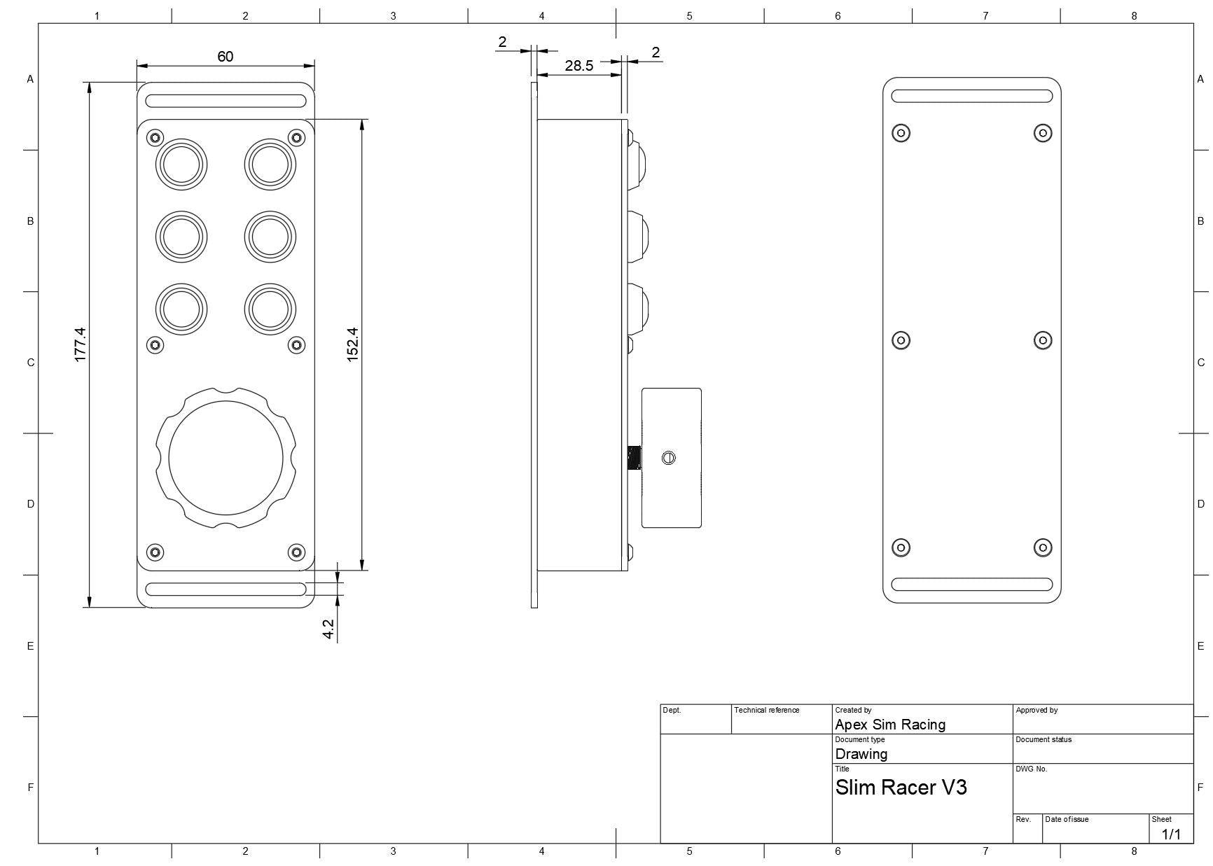 Apex Sim Racing Slim Racer Button Box with multiple buttons and switches for racing simulation setups.
