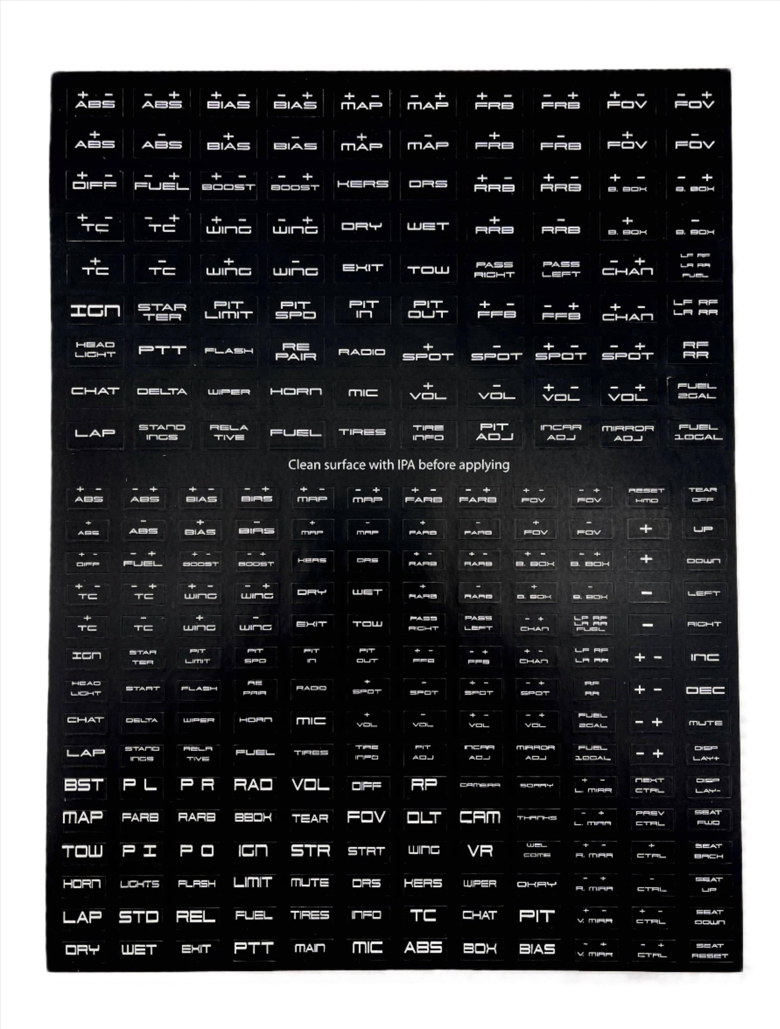 Apex Sim Racing Button Box Label Kit with 270 labels for organizing and customizing your button box setup.