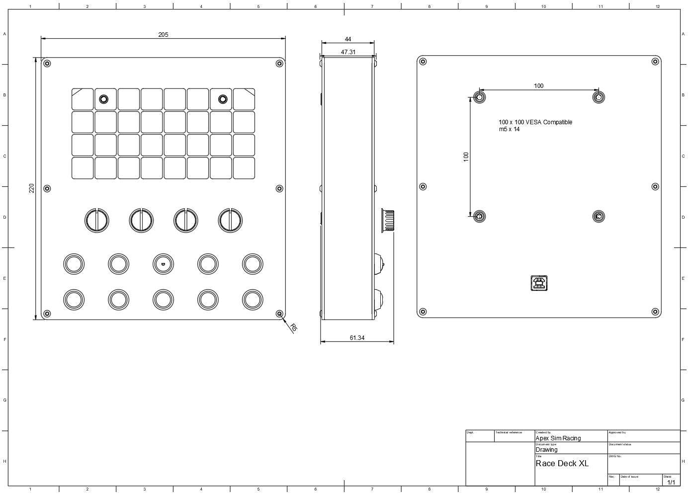 Apex Sim Racing Race Deck XL Button Box with multiple control buttons for sim racing setups.
