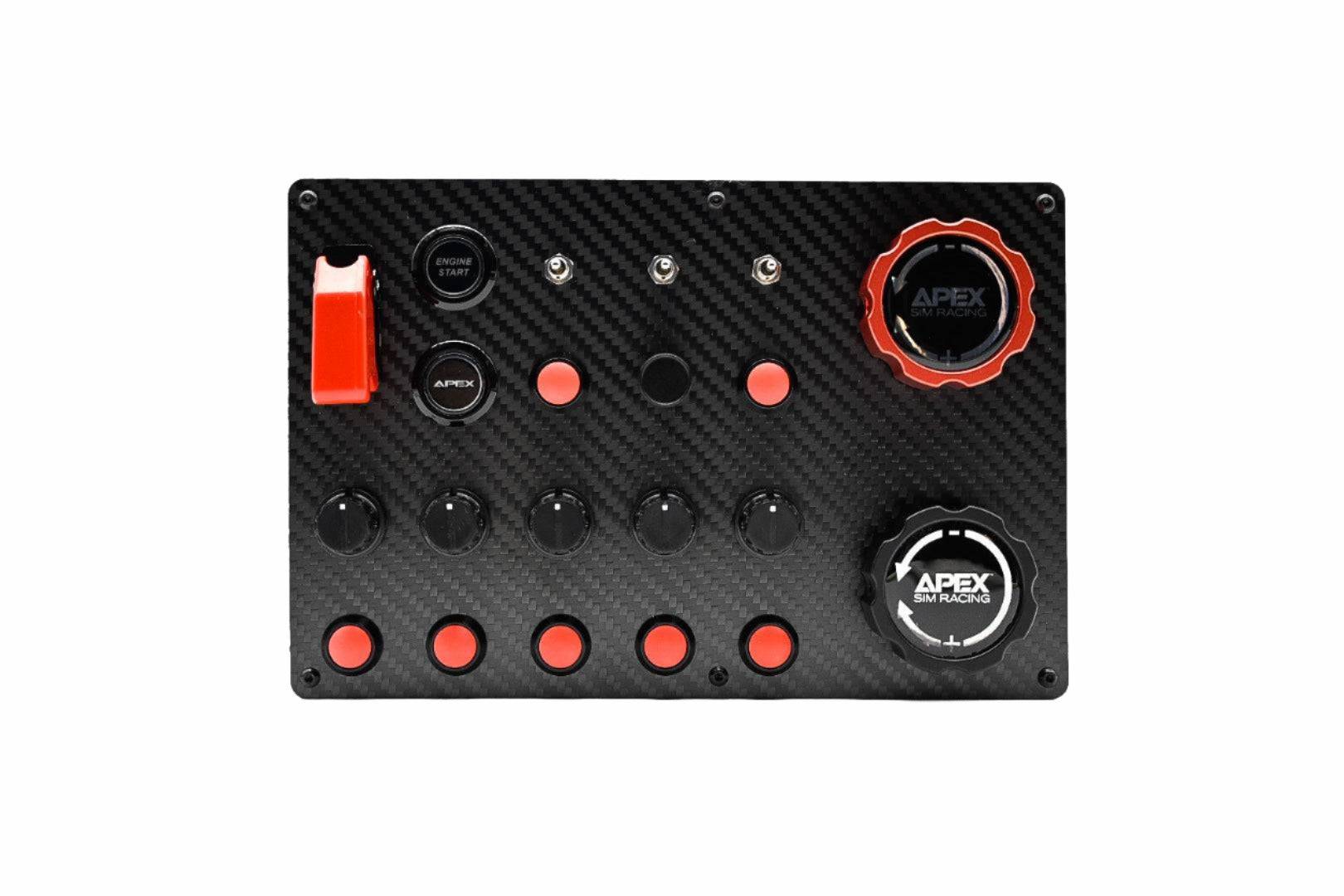 Apex Sim Racing Downforce Sim Racing Button Box with multiple buttons and dials for racing simulation setups.