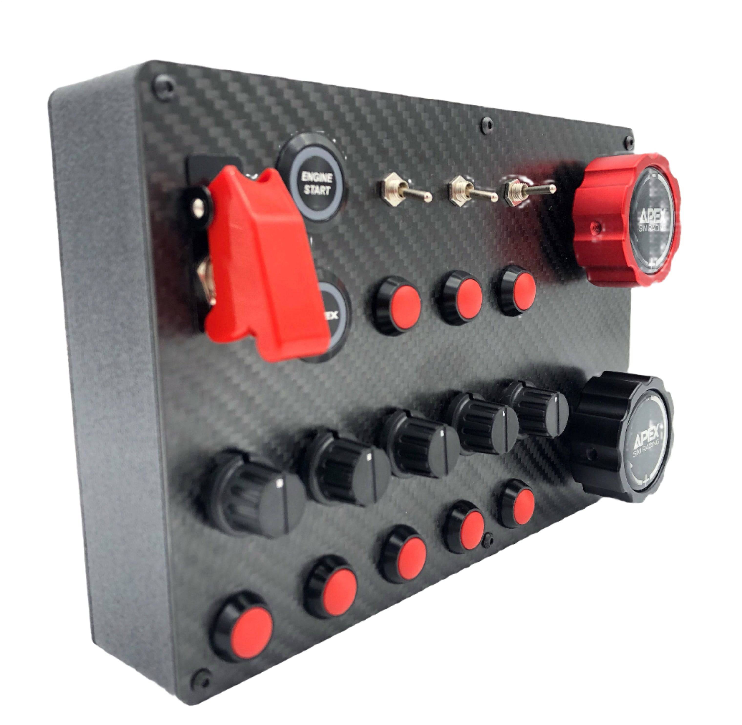 Apex Sim Racing Downforce Sim Racing Button Box with multiple buttons and switches for gaming control setup.