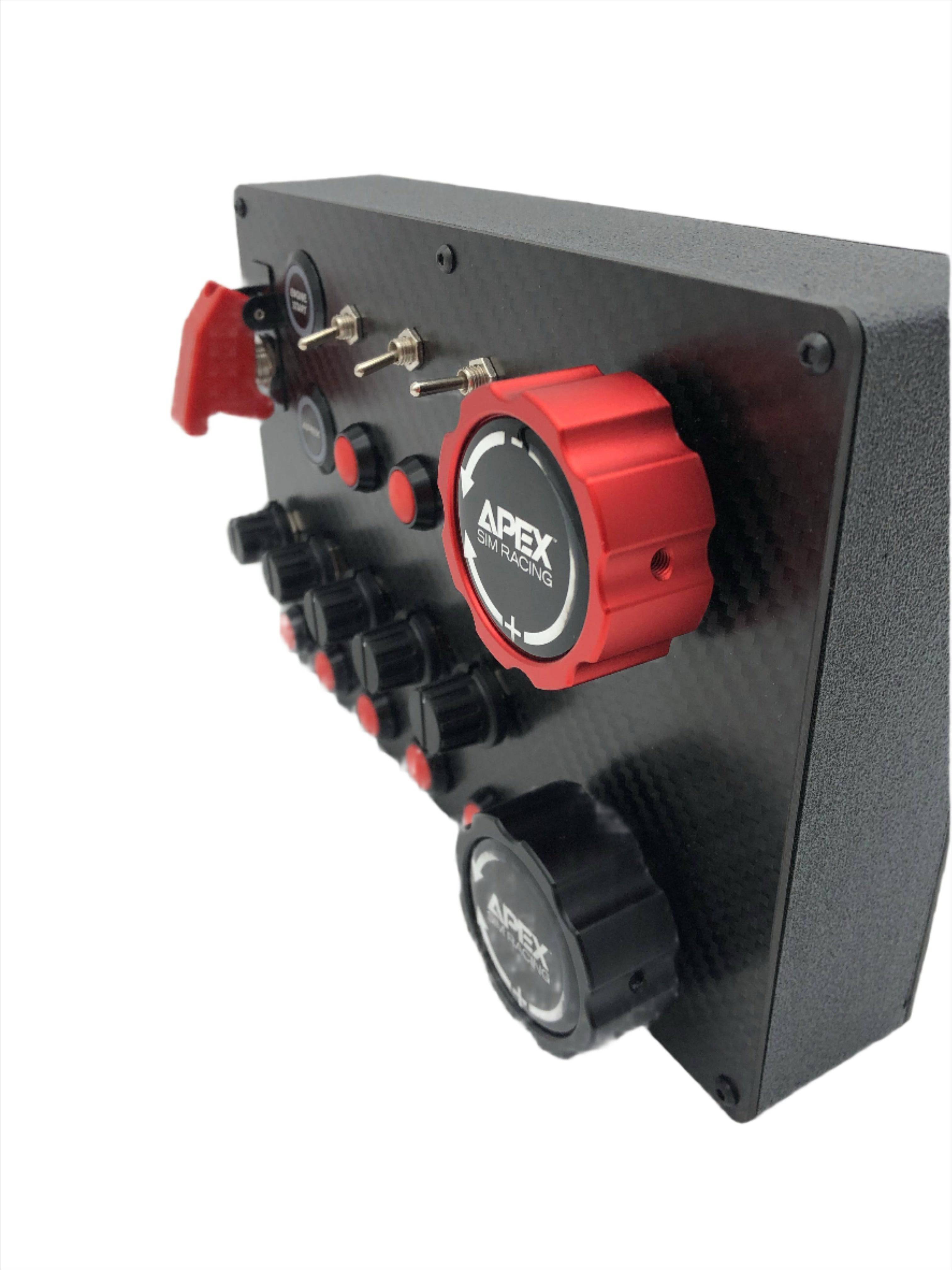 Apex Sim Racing Downforce Sim Racing Button Box with multiple buttons and switches for enhanced racing simulation setup.