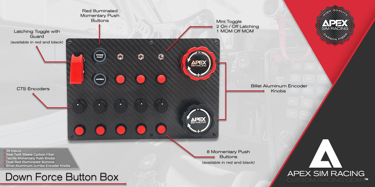 Apex Sim Racing Downforce Sim Racing Button Box with multiple toggle switches and buttons for gaming control.