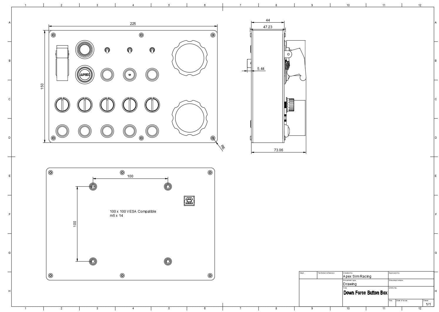 Apex Sim Racing Downforce Button Box with multiple buttons and switches for sim racing setups.