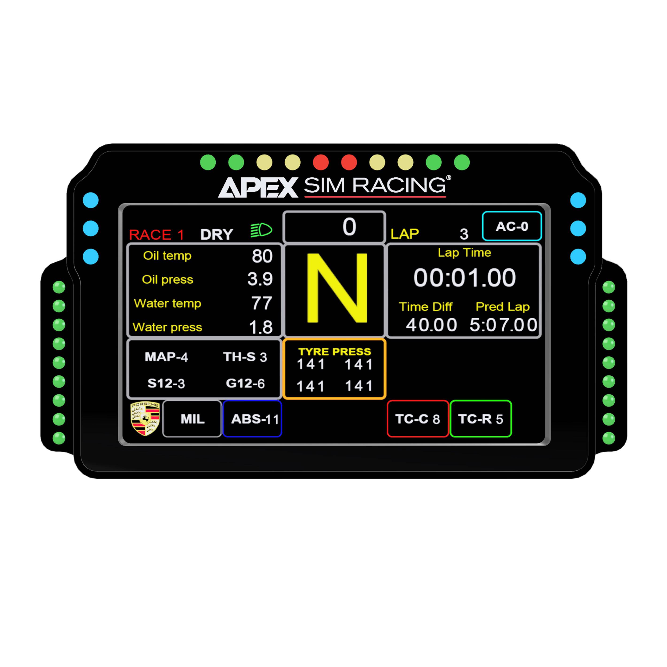 Apex Sim Racing GT3R DDU racing display showing digital readouts and racing metrics on a sleek, high-tech sim racing screen.