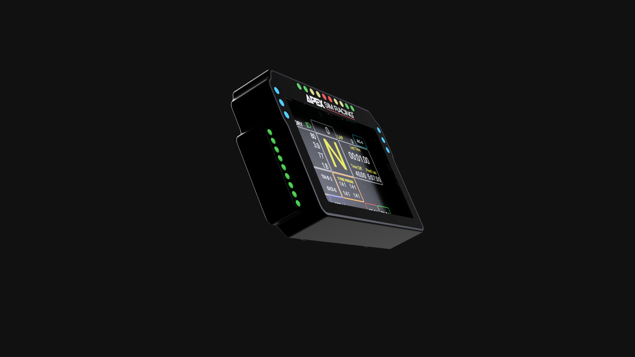Apex Sim Racing GT3R DDU racing display showing detailed racing data and performance metrics on a sleek digital screen.