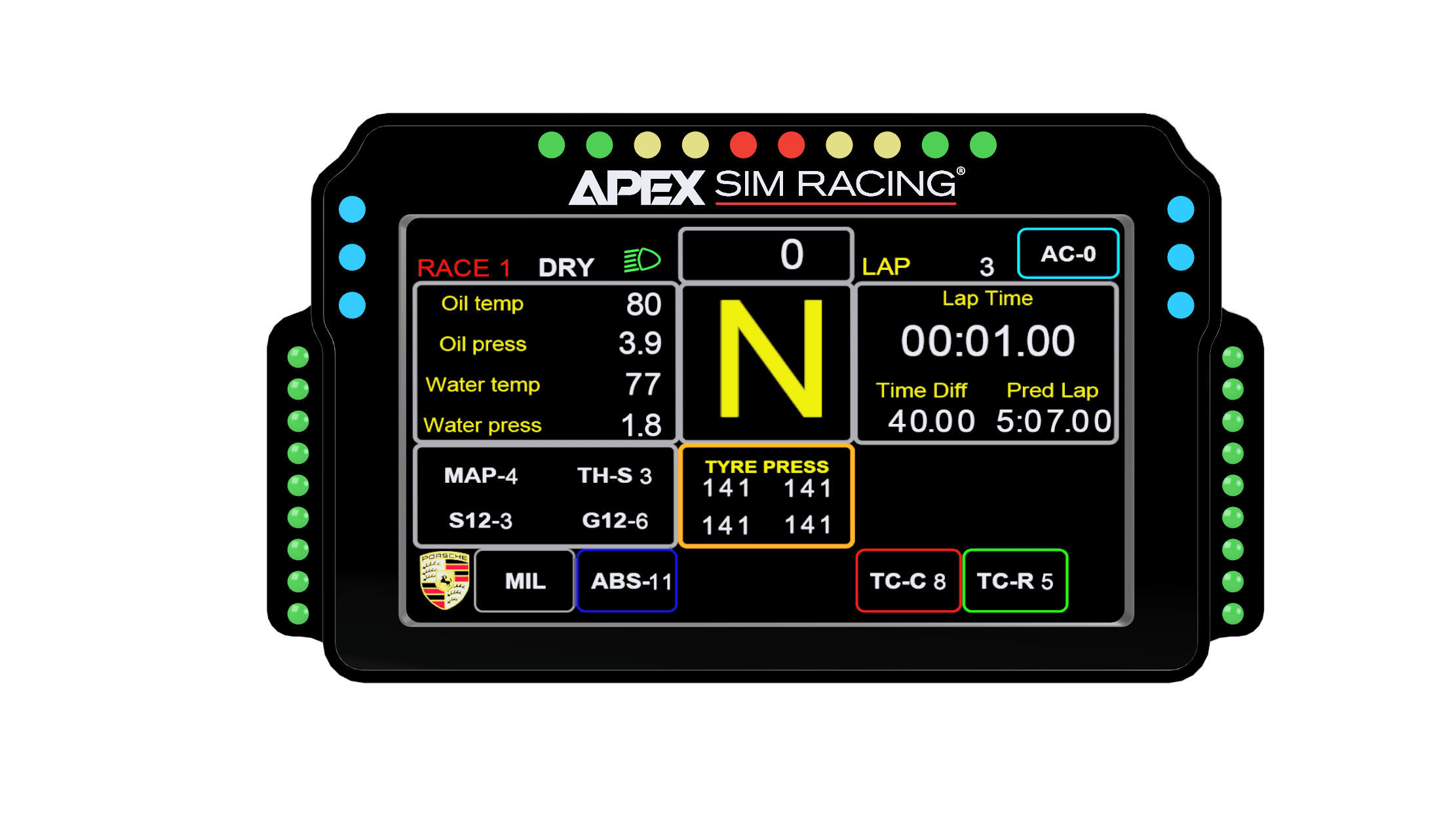 Apex Sim Racing GT3R DDU racing display showing detailed digital readouts for sim racing setup