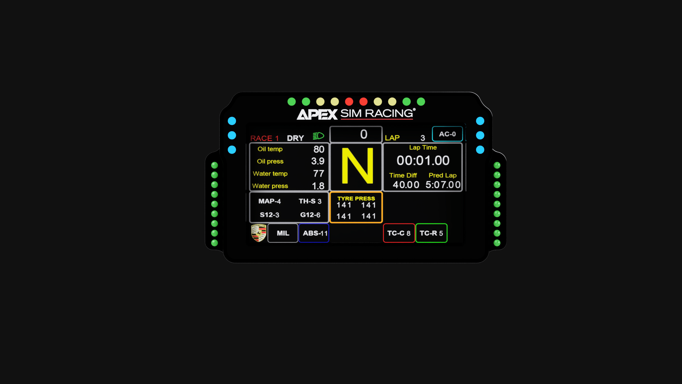 Apex Sim Racing GT3R DDU racing display showing detailed digital readouts for sim racing setups.