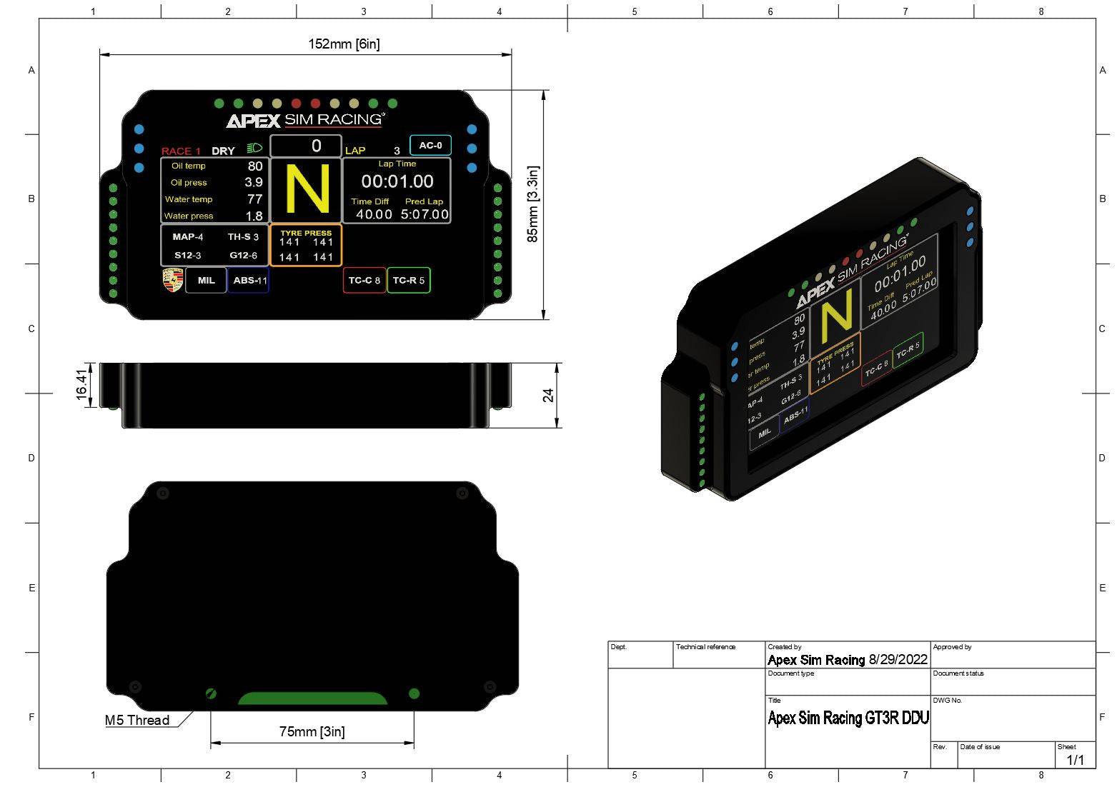 Apex Sim Racing GT3R DDU racing display showing detailed racing data and digital readouts for sim racing enthusiasts.