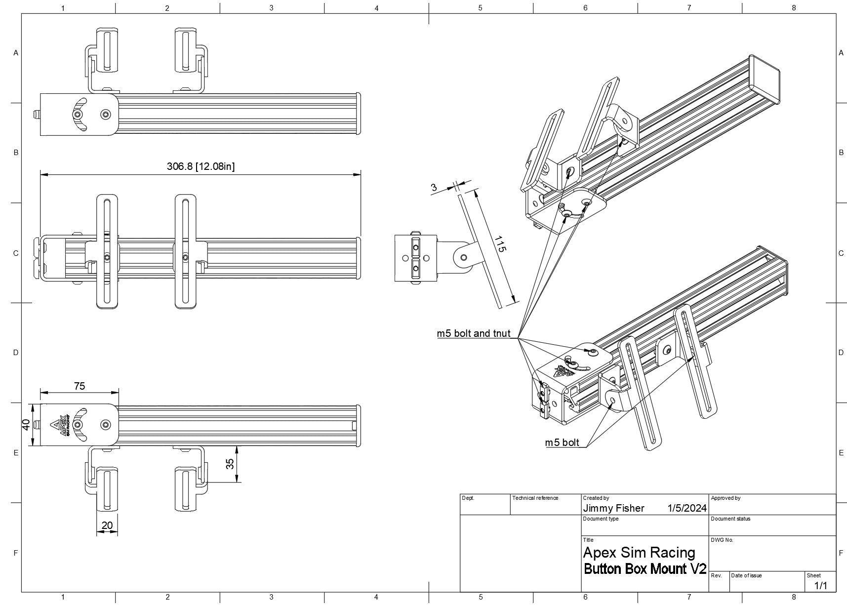 Apex Sim Racing Button Box Mount V2 with multiple buttons and switches, designed for racing simulator setups.