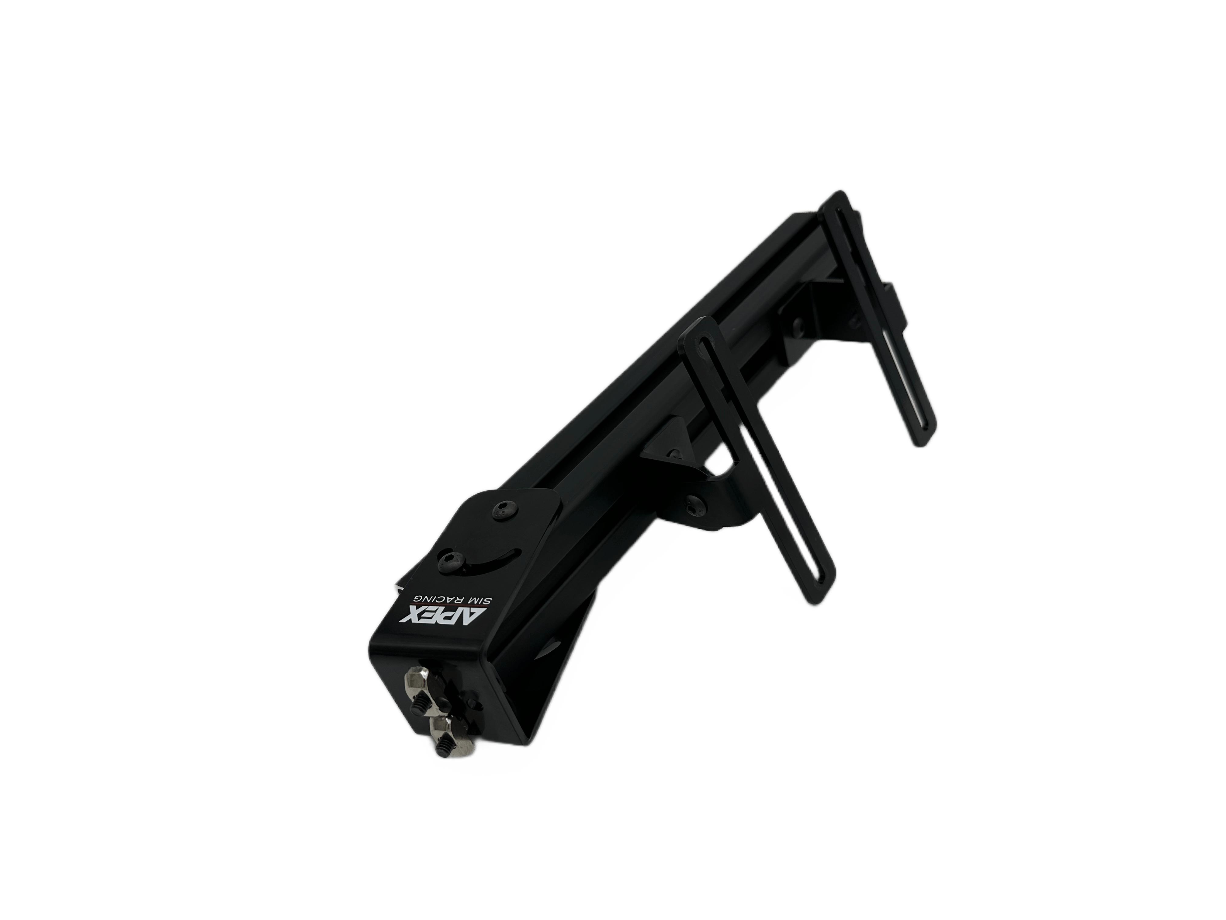Apex Sim Racing Button Box Mount V2 showing a sturdy, metal mount with a mounted button box for racing simulation setups.