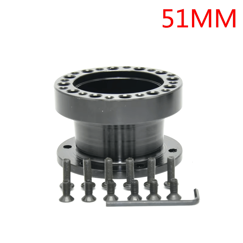 Black Apex Sim Racing steering wheel hub extension with 51mm diameter for wheel rim accessories and enhanced driving control.