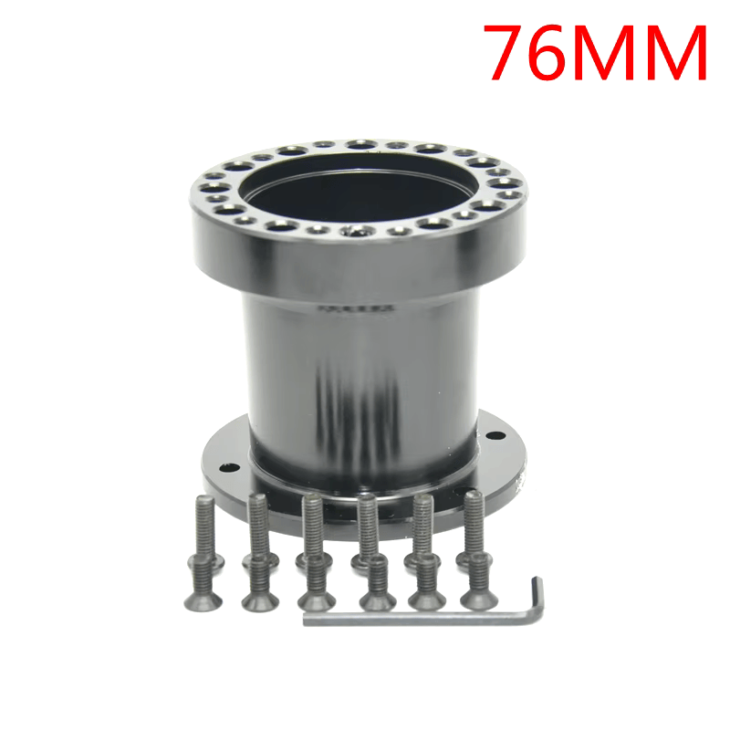 Black Apex Sim Racing 76mm steering wheel hub extension for wheel rim accessories, enhancing grip and control during racing.
