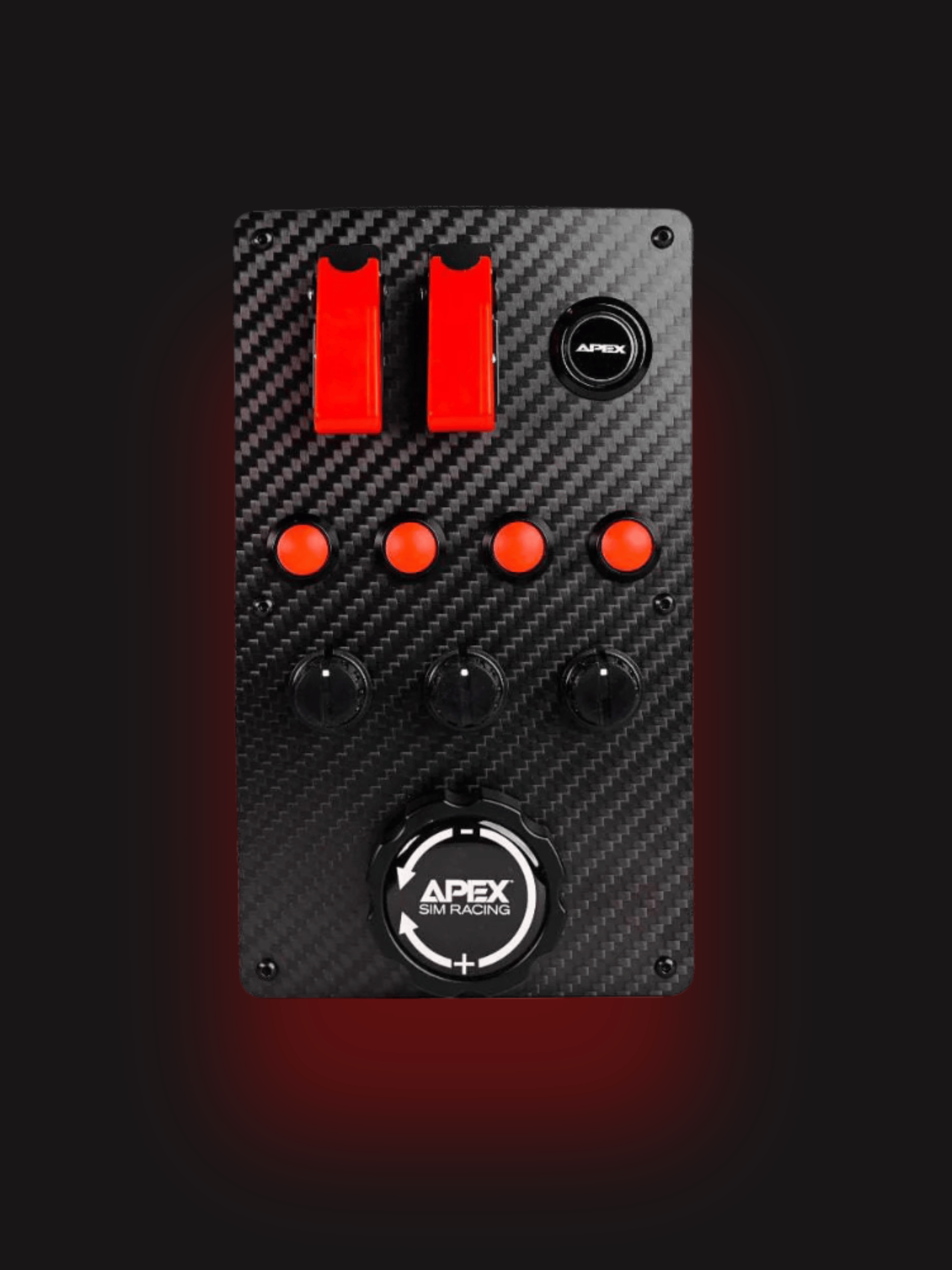 Apex Sim Racing Button Box Vertical Mount V1 with multiple customizable buttons for racing sim setups.