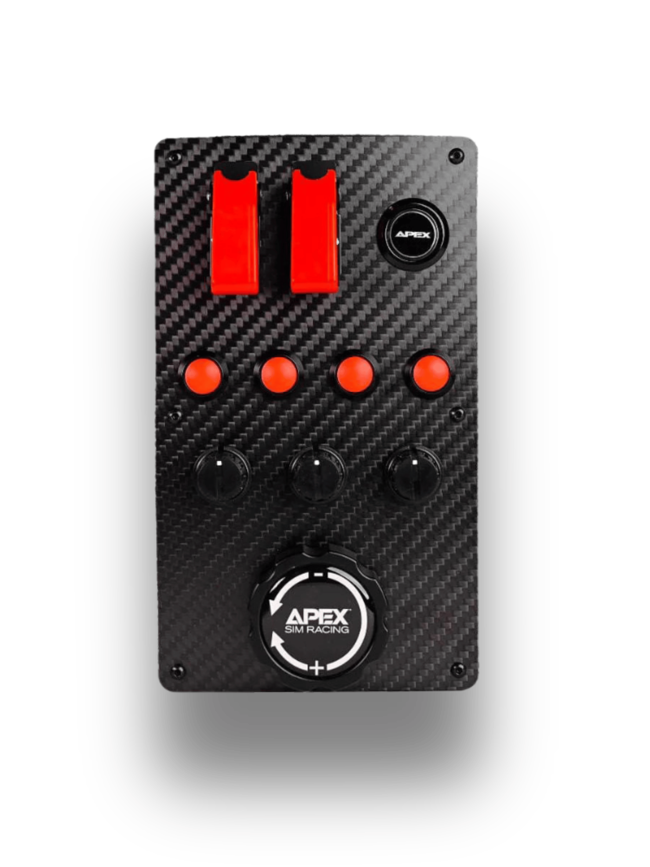 Apex Sim Racing Button Box V1 vertical mount with multiple colorful buttons for racing simulation setups.