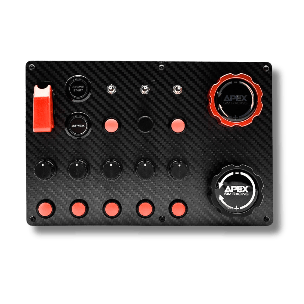 Apex Sim Racing Downforce Sim Racing Button Box with multiple buttons and switches for enhanced racing control.