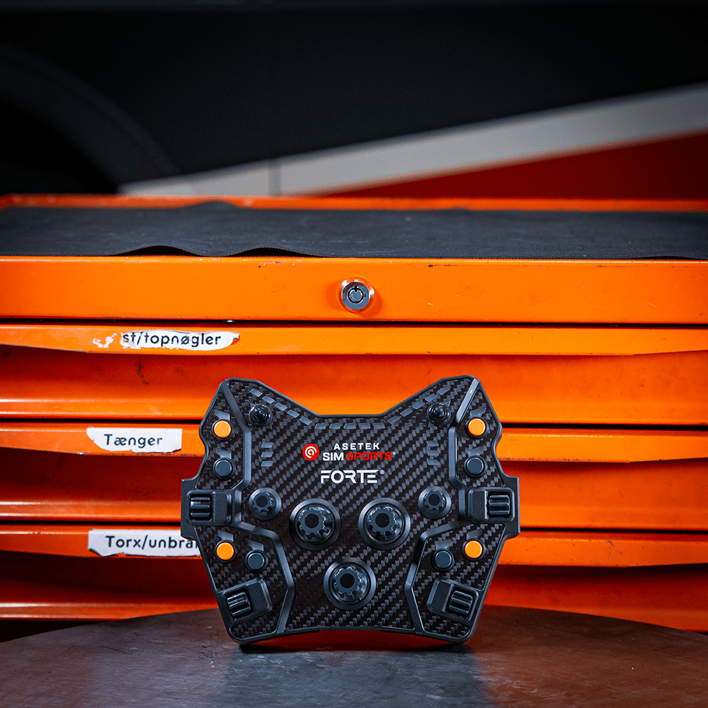 Asetek SimSports Forte Button Box open box with multiple buttons and switches for racing wheel rim accessories.