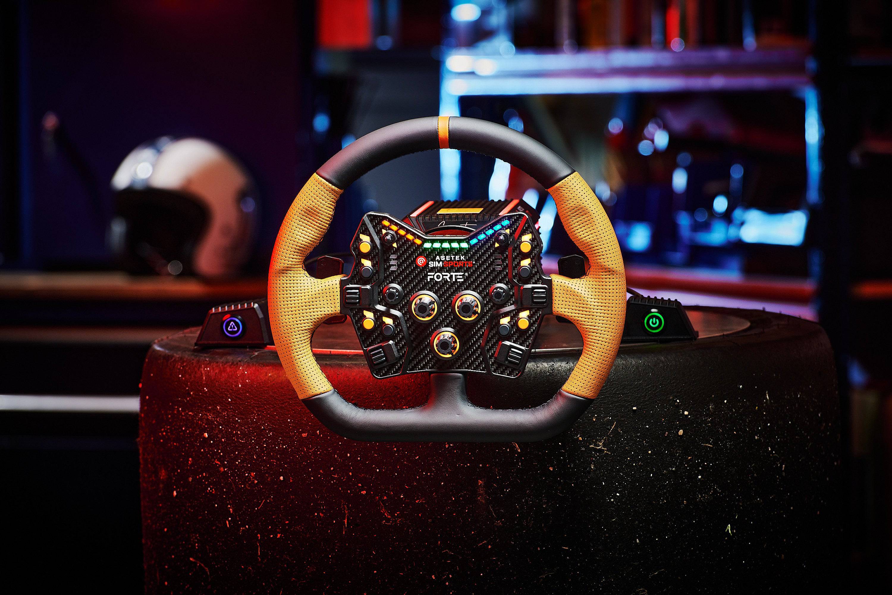 Asetek SimSports Wheel GT Rim with closed D-shape, orange leather grip, and black accents for sim racing accessories.