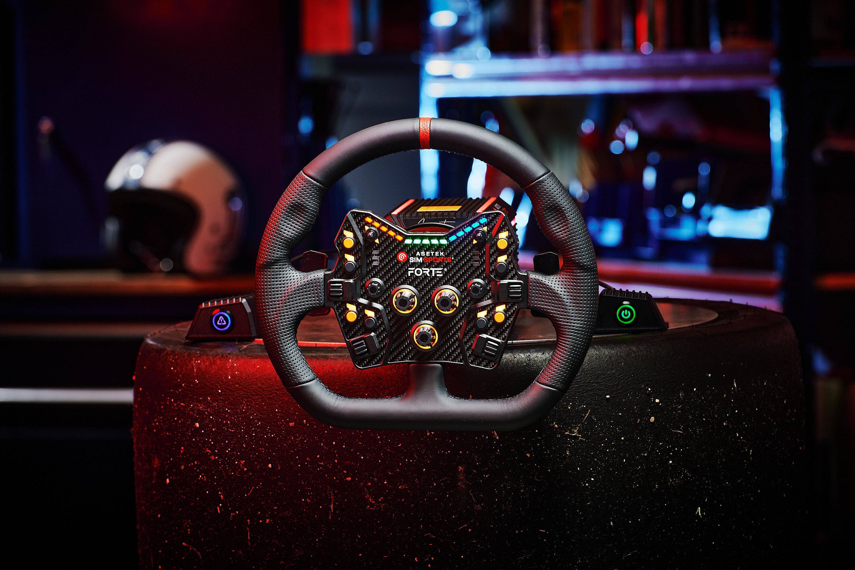 Asetek SimSports Forte Button Box wheel rim accessory with black leather, red center stripe, and perforated leather handles.