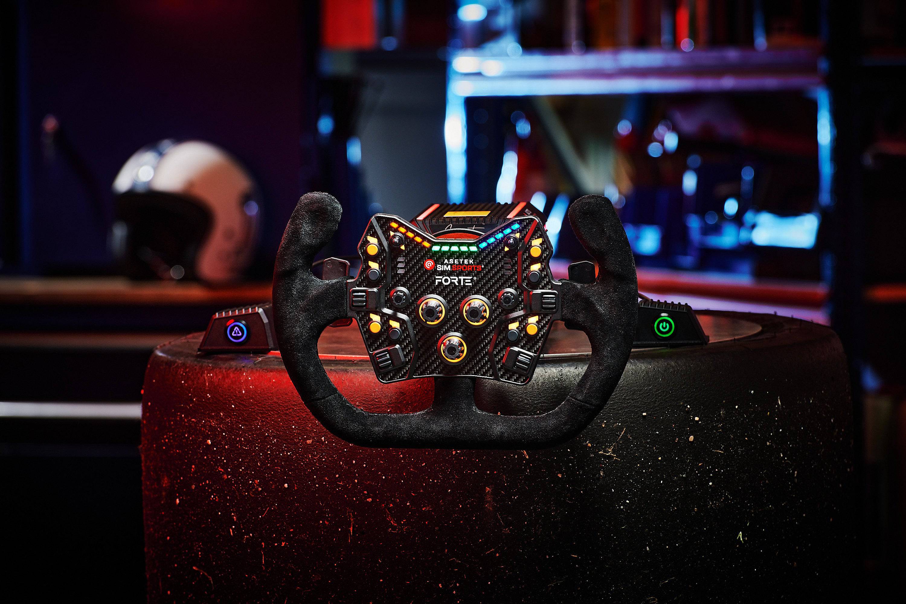 Asetek SimSports Forte black suede wheel rim button box for racing sim accessories, open box display.