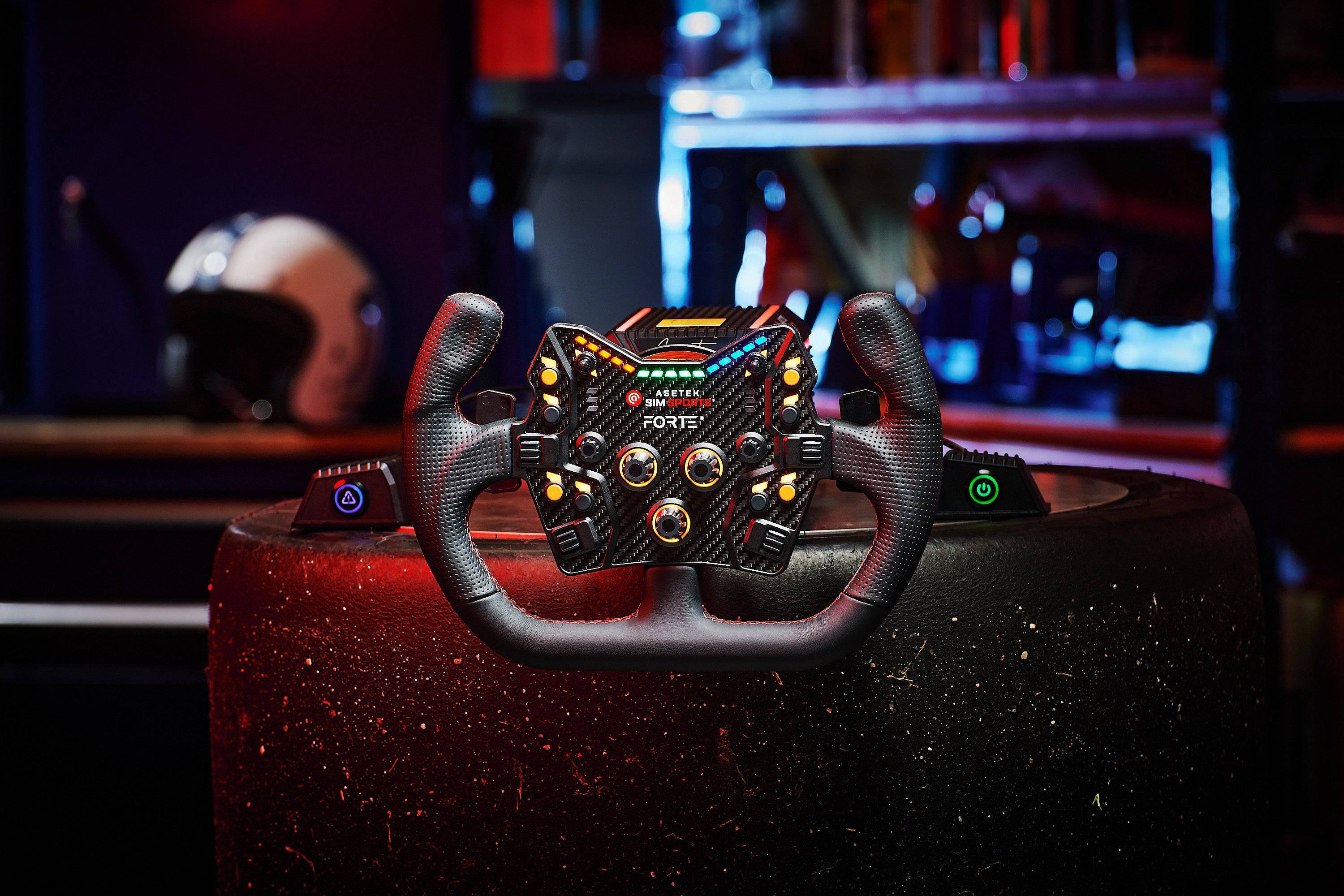 Asetek SimSports Forte Button Box with black leather and perforated leather handles, designed as wheel rim accessory for racing sims.