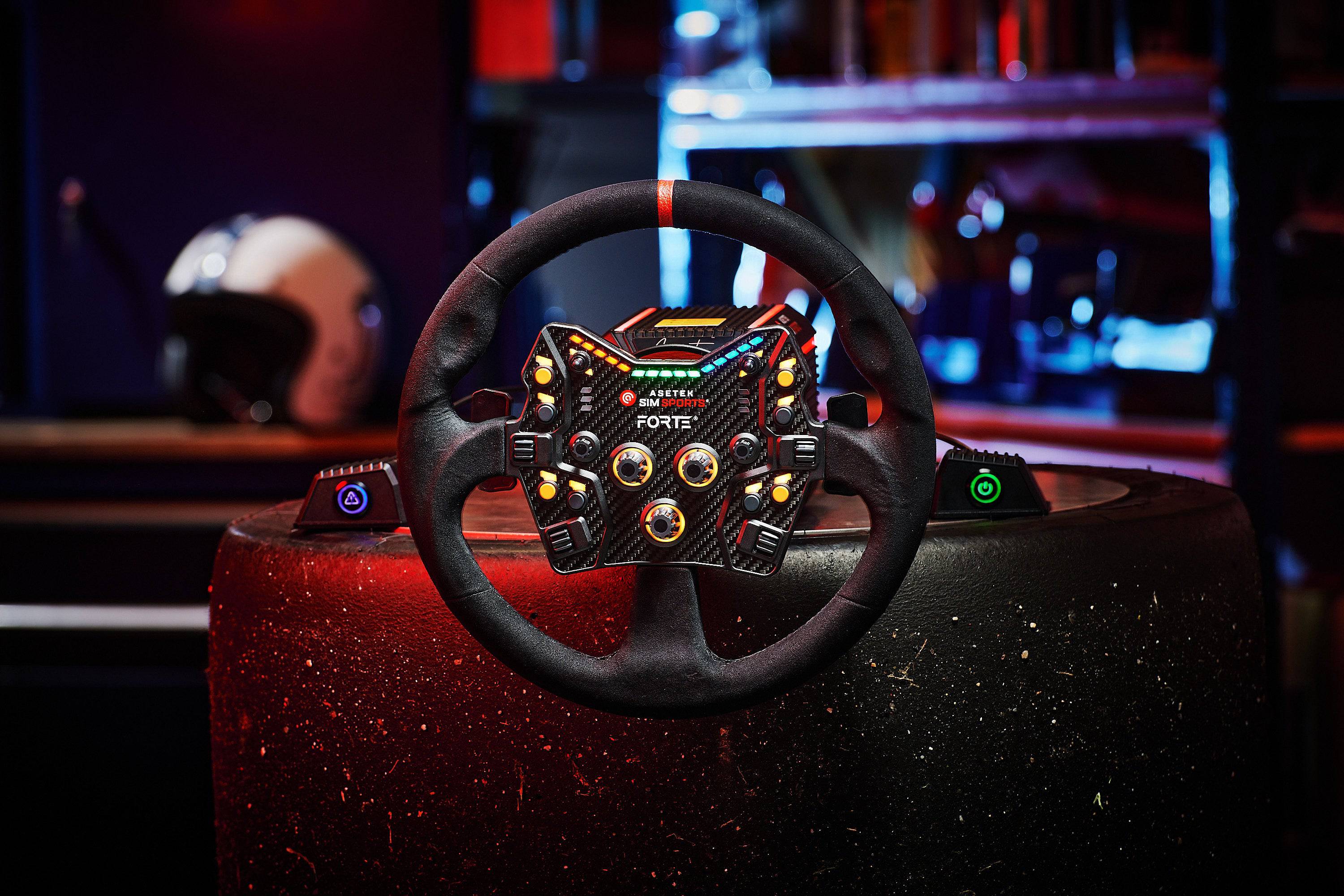 Asetek SimSports Forte Button Box wheel rim accessory with black round rim, red center stripe, designed for sim racing setups.