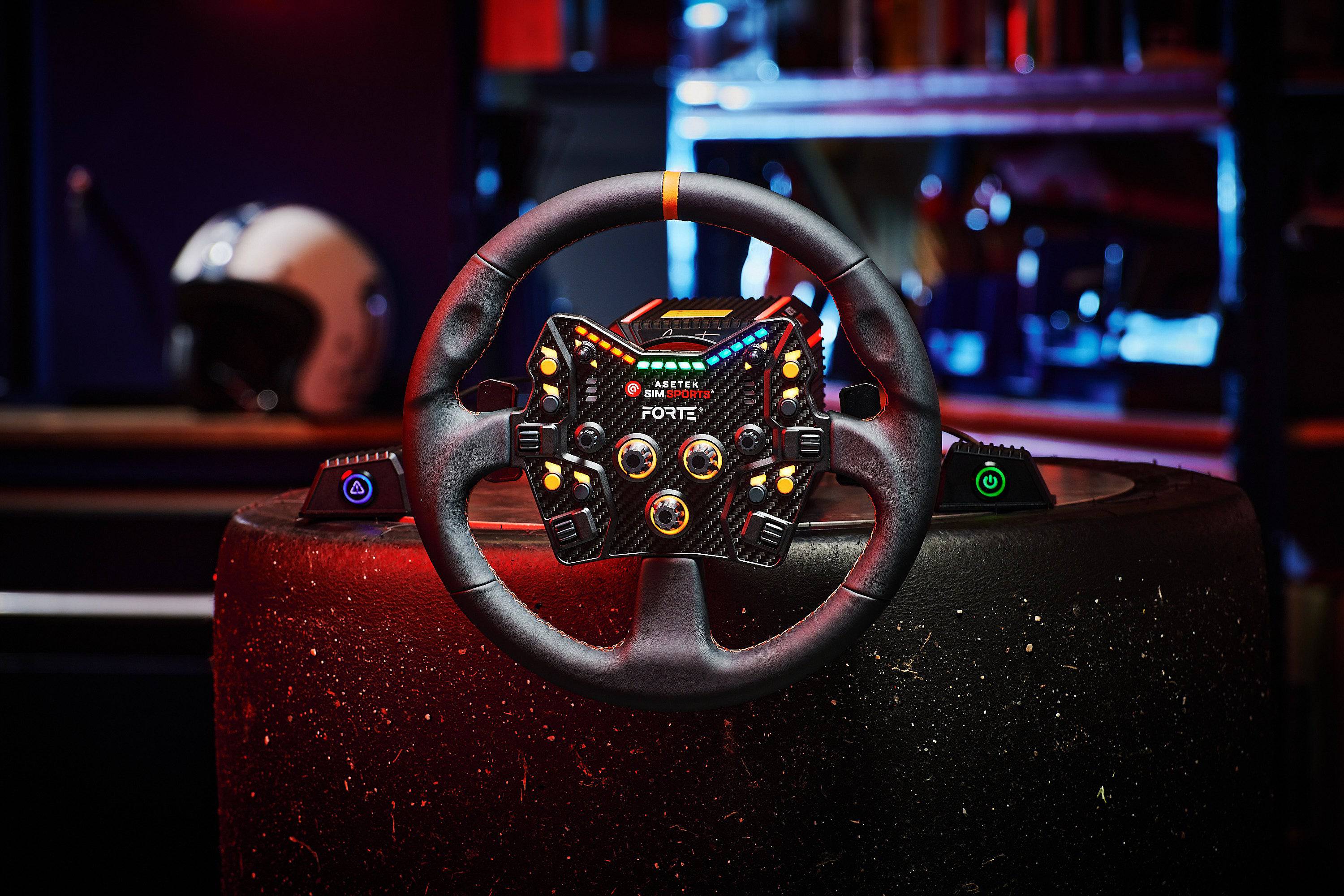 Asetek SimSports Forte Button Box wheel rim accessory with black leather finish and orange center stripe for racing simulators.
