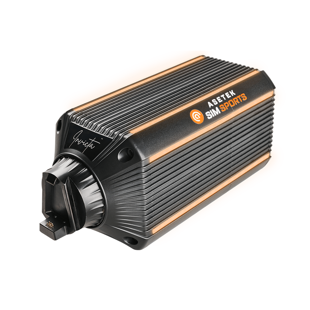 Asetek SimSports Invicta Direct Drive Wheelbase with LED display, side view showing controls and sleek black design