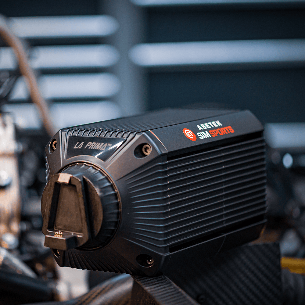 Asetek SimSports La Prima Direct Drive Wheelbase with 12Nm torque, black and silver design for sim racing setups.