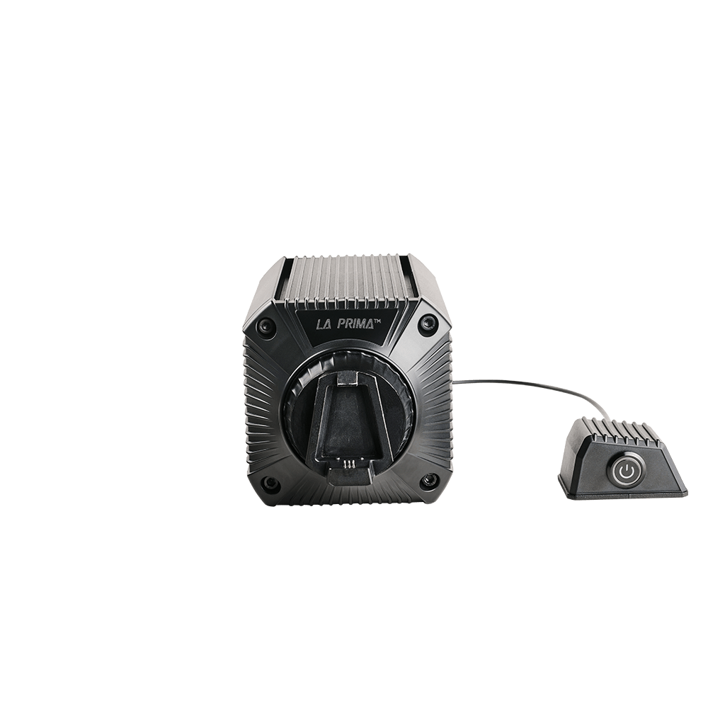 Asetek SimSports La Prima 12Nm direct drive wheelbase shown from the front mount, featuring sleek design and control interface.