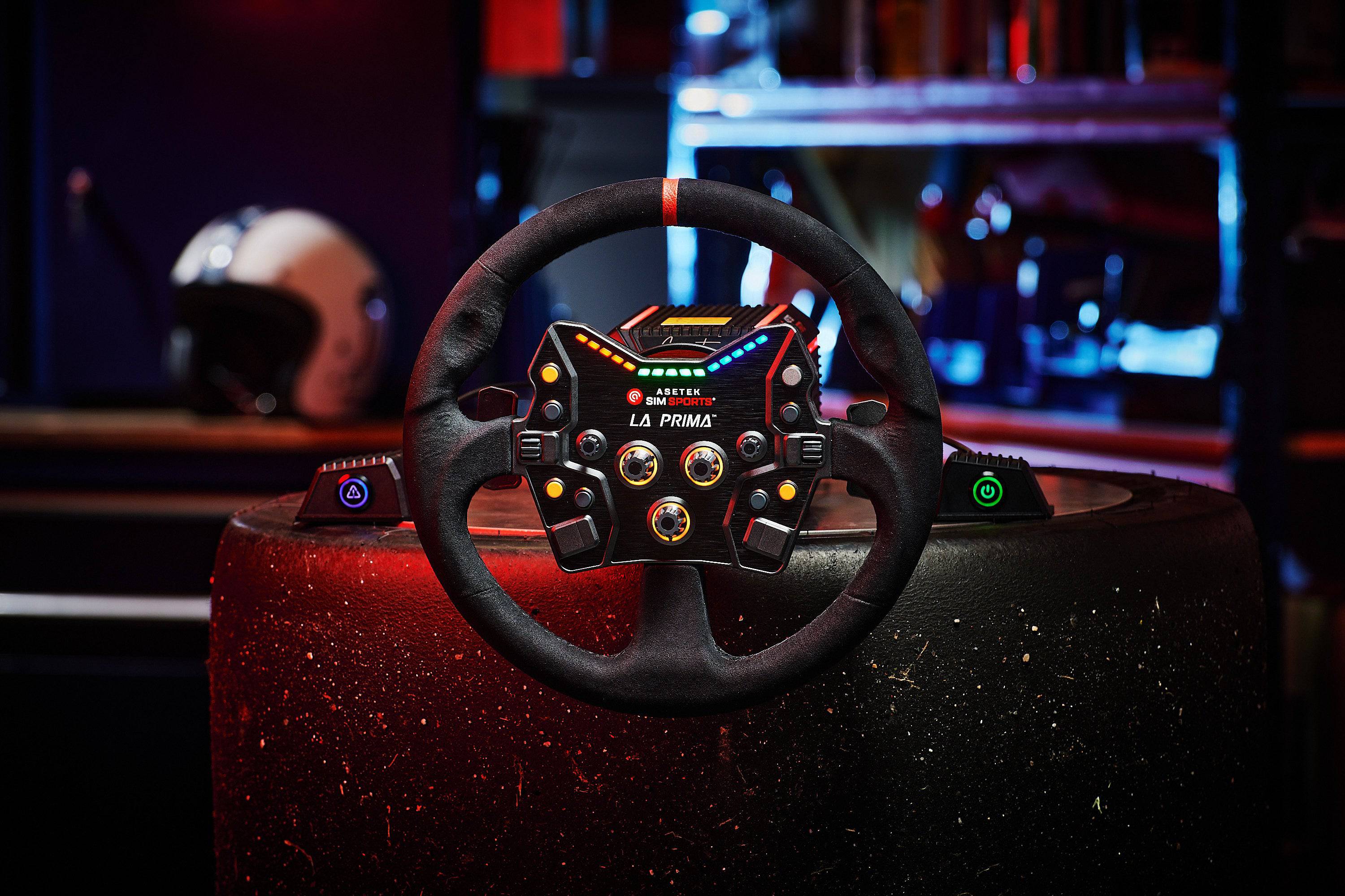 Asetek SimSports Wheel GT Rim in black with red center stripe, round comfort design, compatible with sim racing wheel accessories.